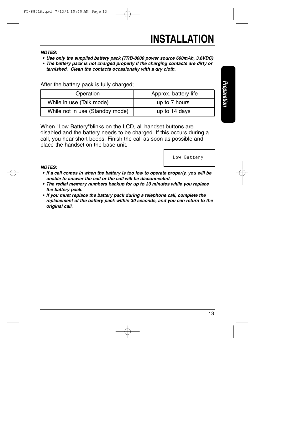 Installation, Preparation | Toshiba FT-8801A User Manual | Page 13 / 37