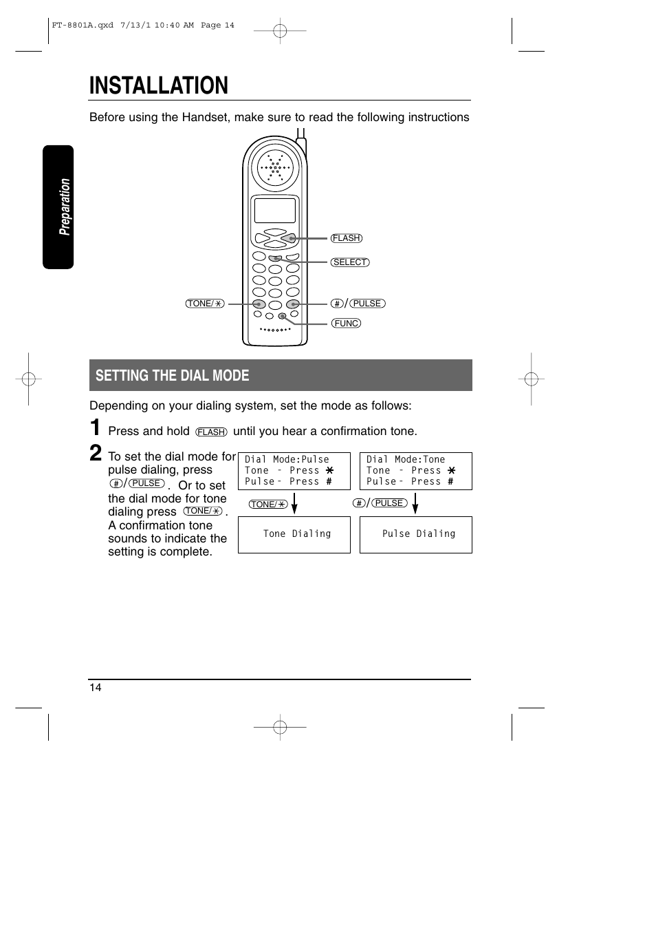 Setting the dial mode, Installation | Toshiba FT-8801A User Manual | Page 14 / 37