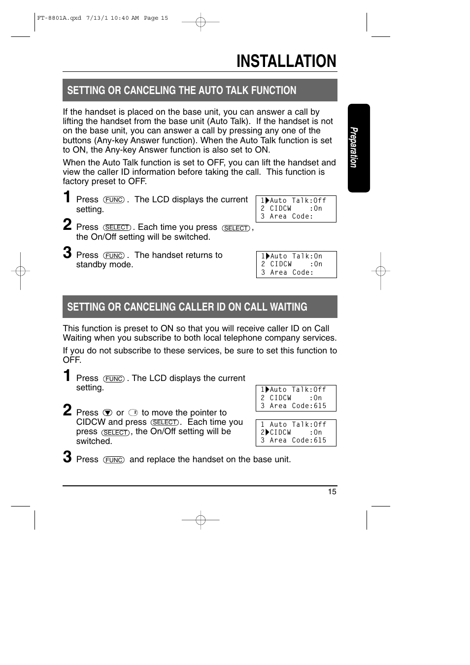 Setting or canceling the auto talk function, Setting or canceling caller id on call waiting, Installation | Toshiba FT-8801A User Manual | Page 15 / 37