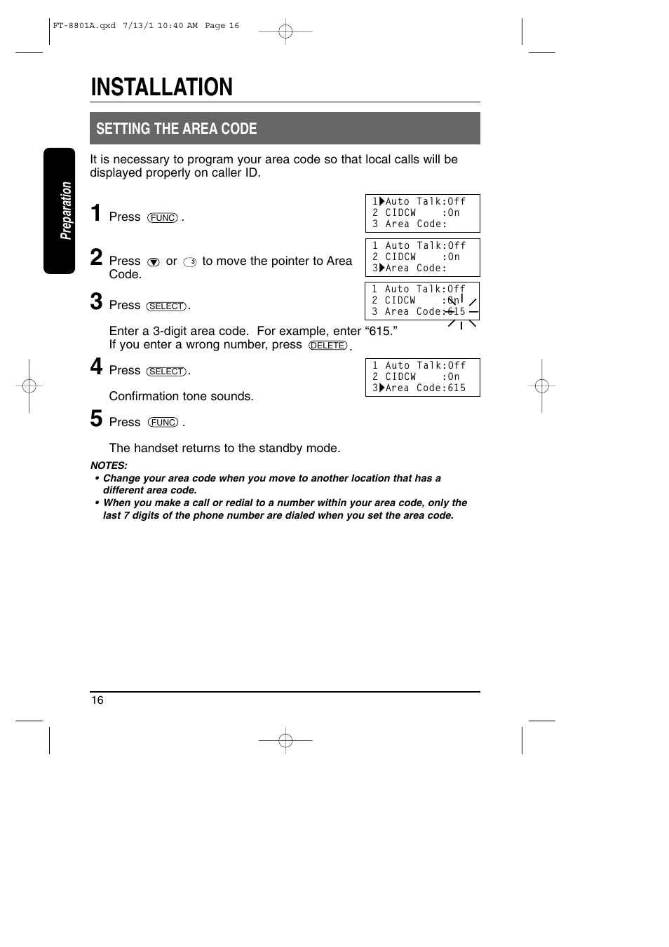 Setting the area code, Installation | Toshiba FT-8801A User Manual | Page 16 / 37