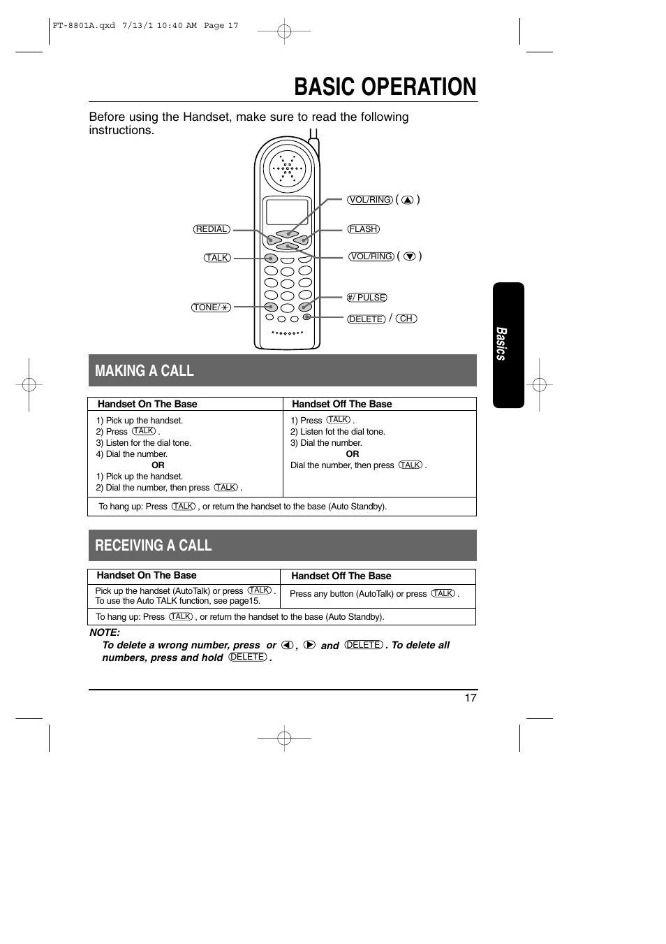 Basic operation, Making a call, Receiving a call | Making a call receiving a call, Basics | Toshiba FT-8801A User Manual | Page 17 / 37