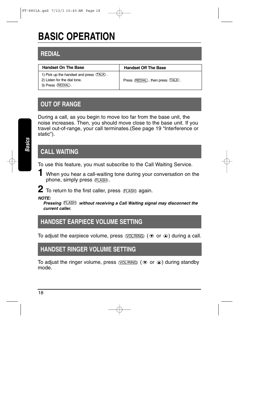 Basic operation, Out of range, Call waiting | Handset earpiece volume setting, Handset ringer volume setting, Redial, Basics | Toshiba FT-8801A User Manual | Page 18 / 37