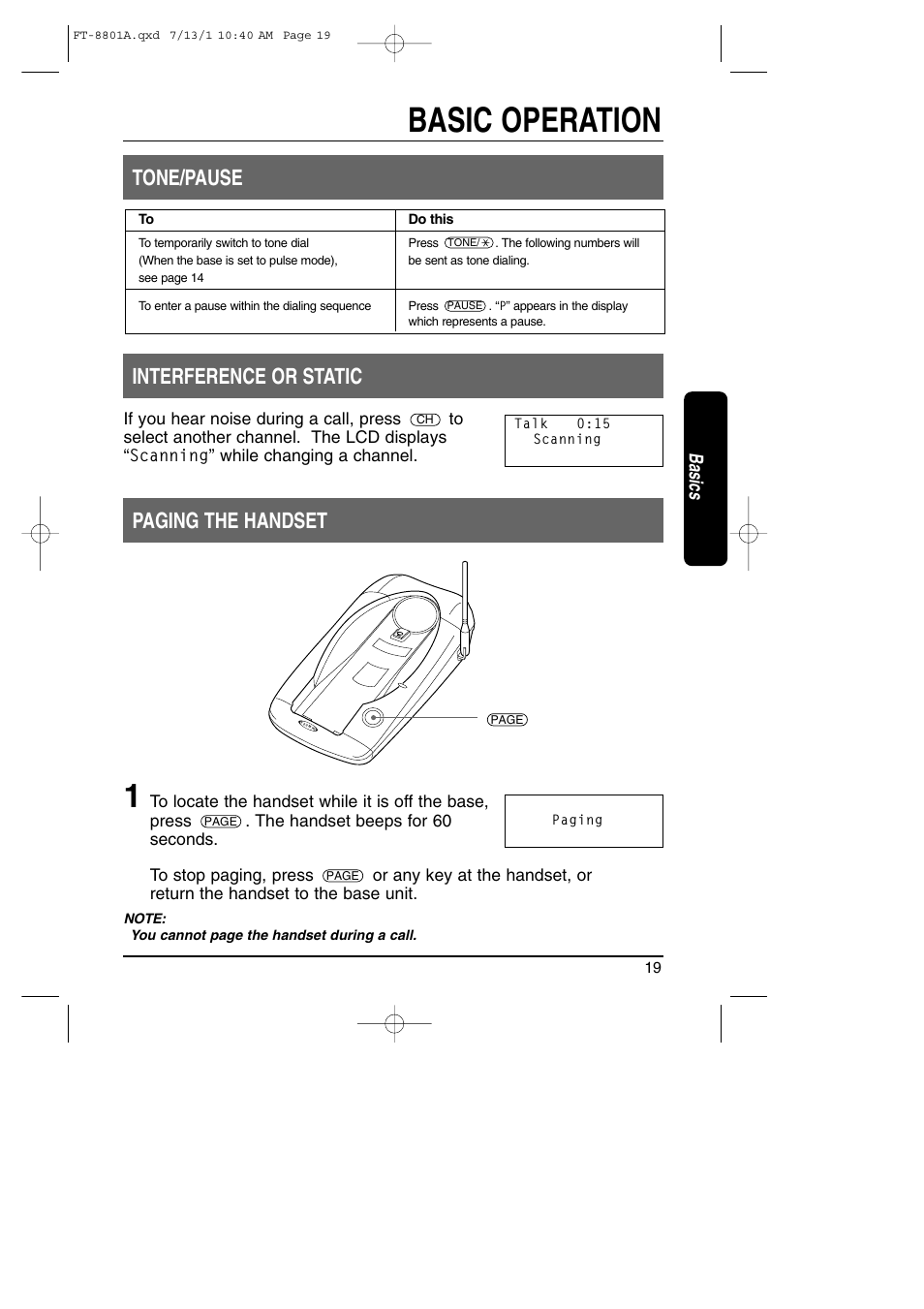 Basic operation, Tone/pause interference or static, Paging the handset | Basics | Toshiba FT-8801A User Manual | Page 19 / 37