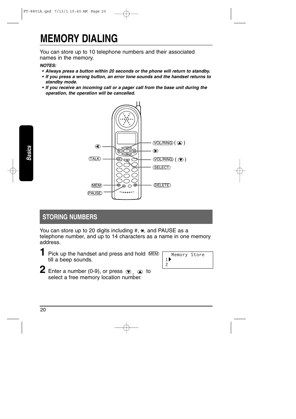 Memory dialing, Storing numbers, Basics | Toshiba FT-8801A User Manual | Page 20 / 37