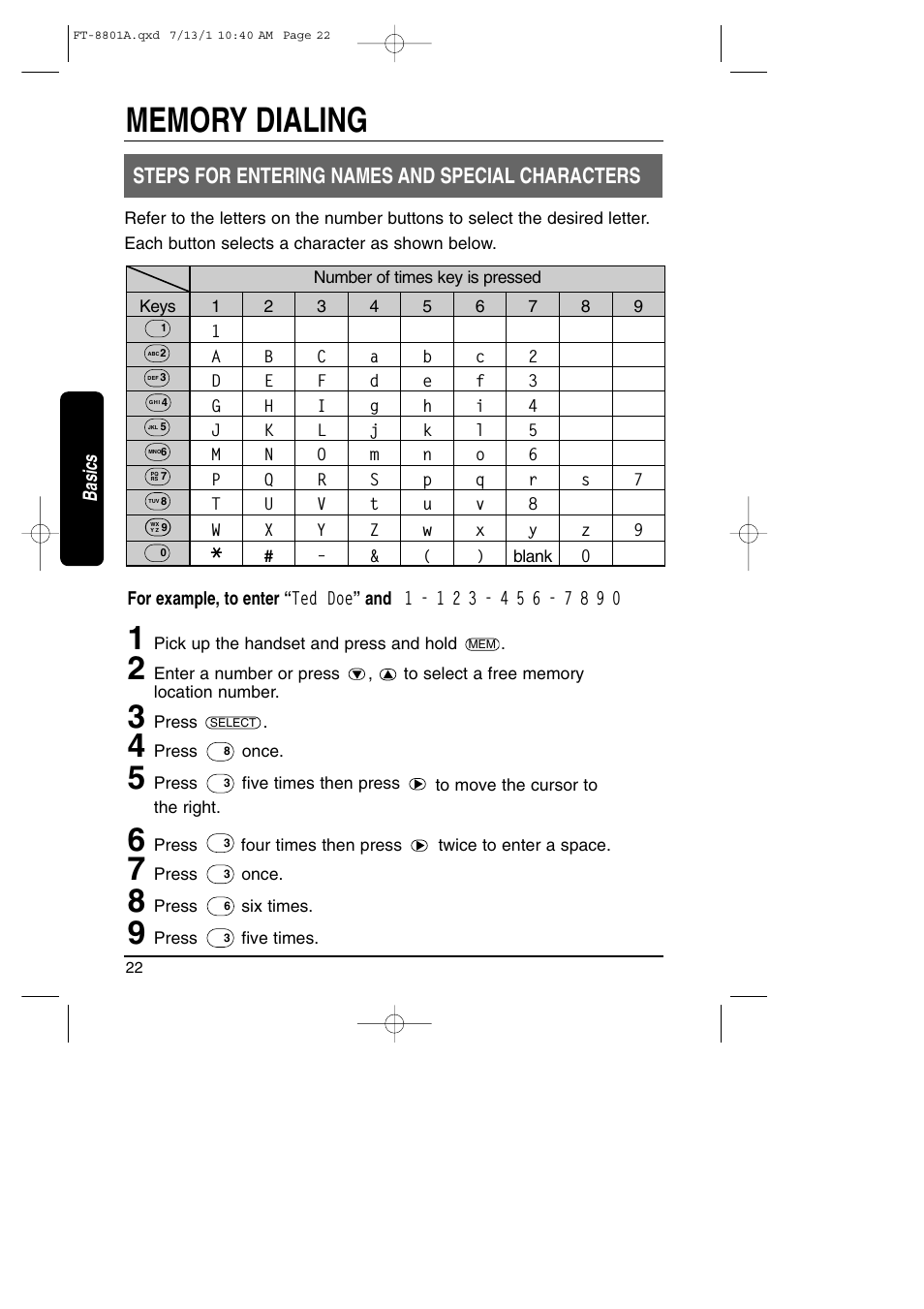 Steps for entering names & special characters, Steps for entering names and special characters | Toshiba FT-8801A User Manual | Page 22 / 37