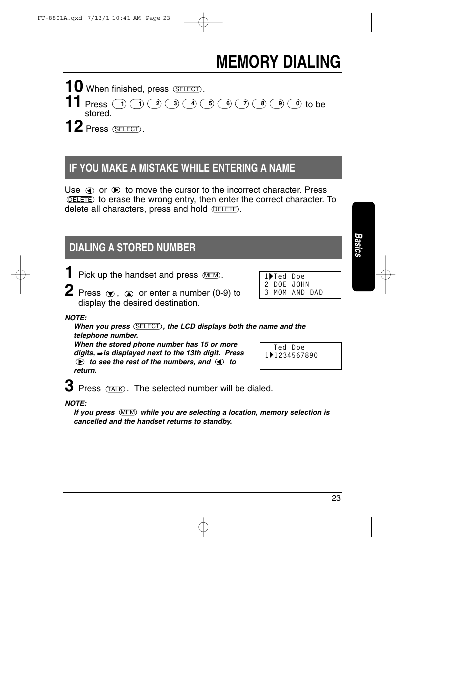 Dialing a stored number, If you make a mistake while entering a name | Toshiba FT-8801A User Manual | Page 23 / 37