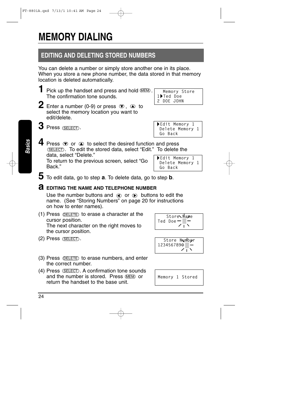 Editing and deleting stored numbers | Toshiba FT-8801A User Manual | Page 24 / 37