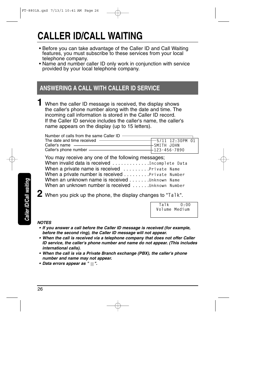Caller id/call waiting, Answering a call with caller id service | Toshiba FT-8801A User Manual | Page 26 / 37