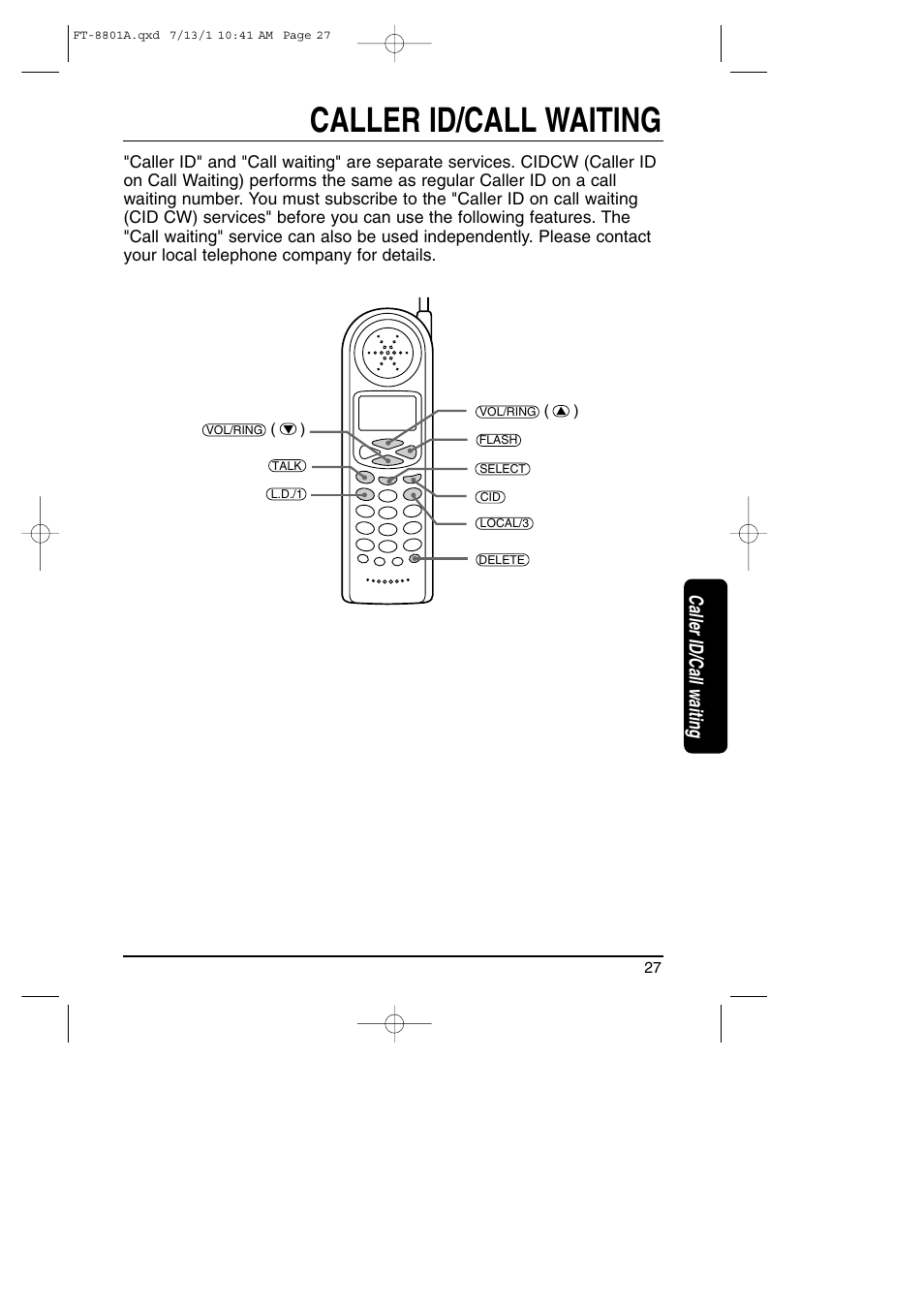 Caller id/call waiting | Toshiba FT-8801A User Manual | Page 27 / 37
