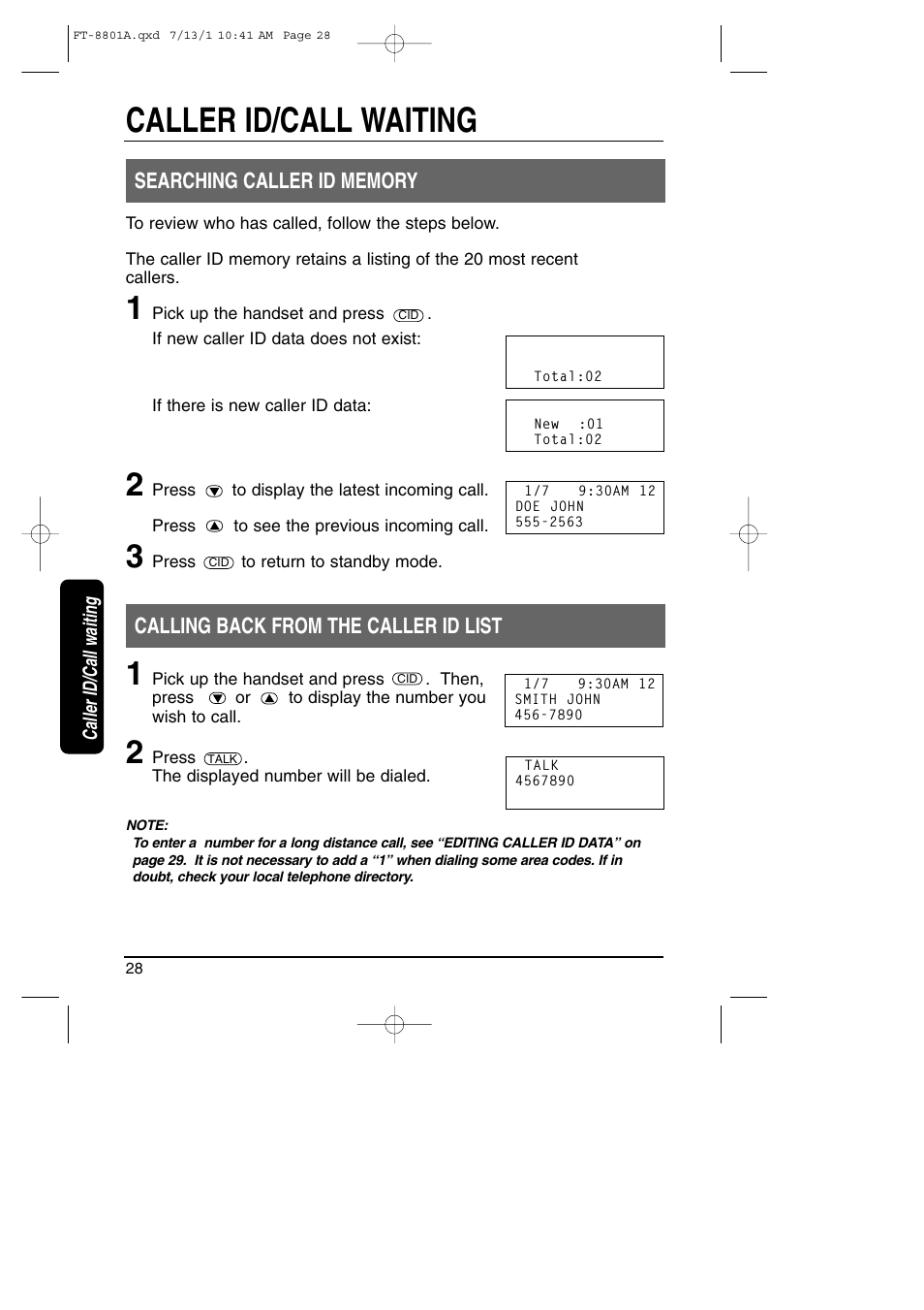 Searcing caller id memory, Calling back from the caller id list, Caller id/call waiting | Toshiba FT-8801A User Manual | Page 28 / 37