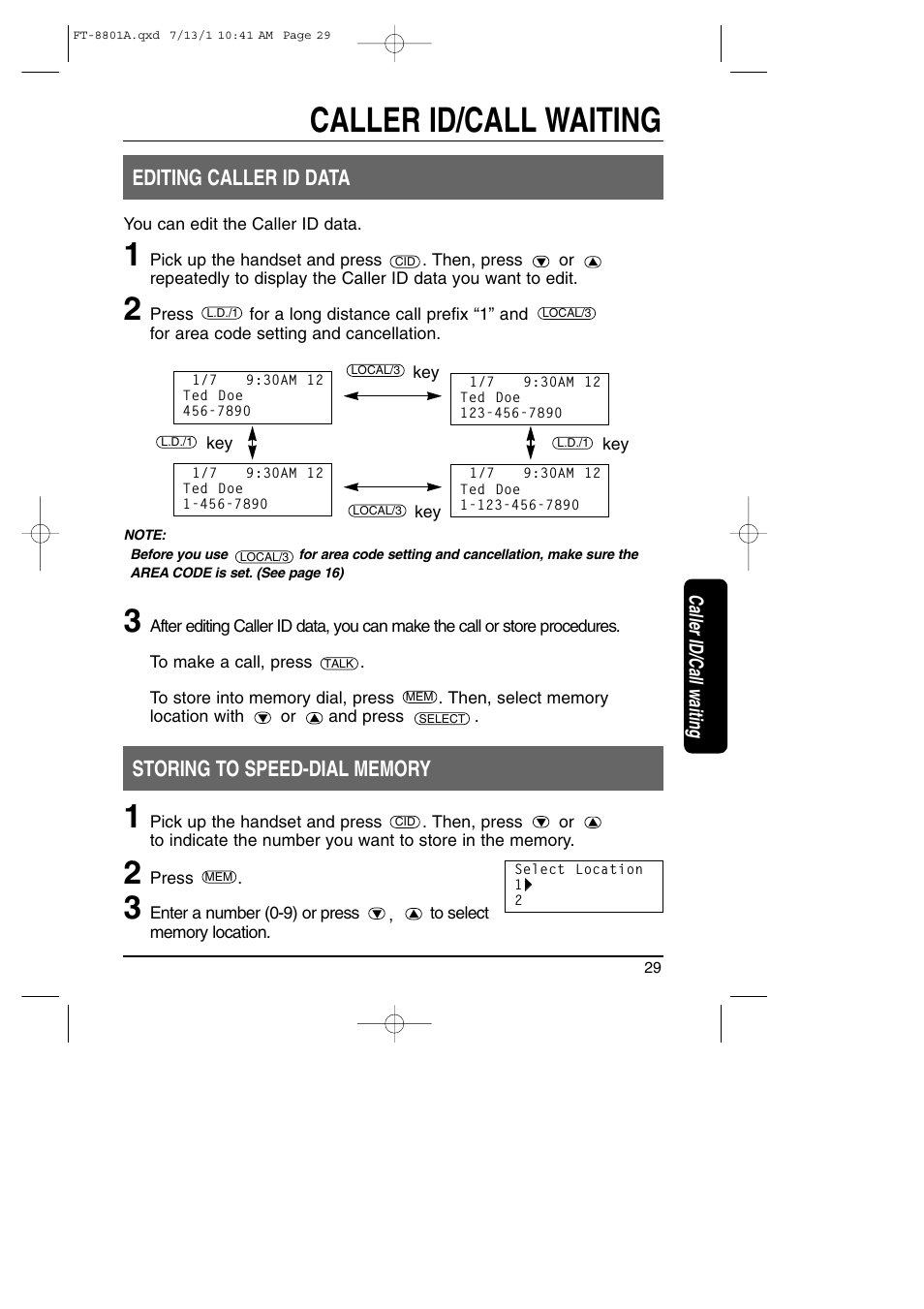 Caller id/call waiting, Editing caller id data | Toshiba FT-8801A User Manual | Page 29 / 37