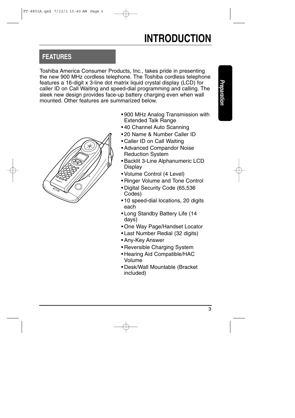 Introduction, Features, Preparation | Toshiba FT-8801A User Manual | Page 3 / 37