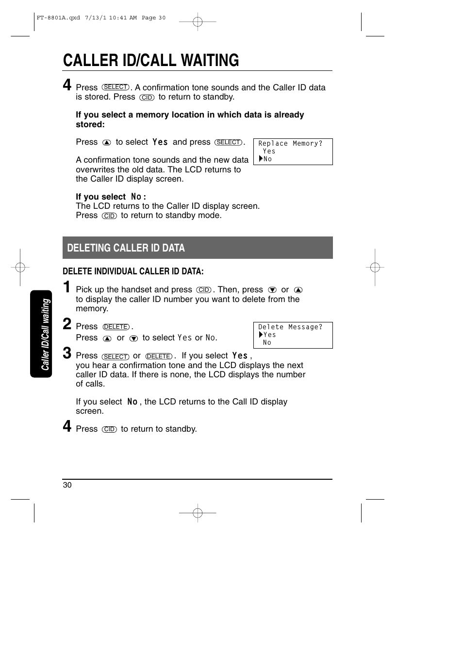 Deleting caller id data, Caller id/call waiting | Toshiba FT-8801A User Manual | Page 30 / 37