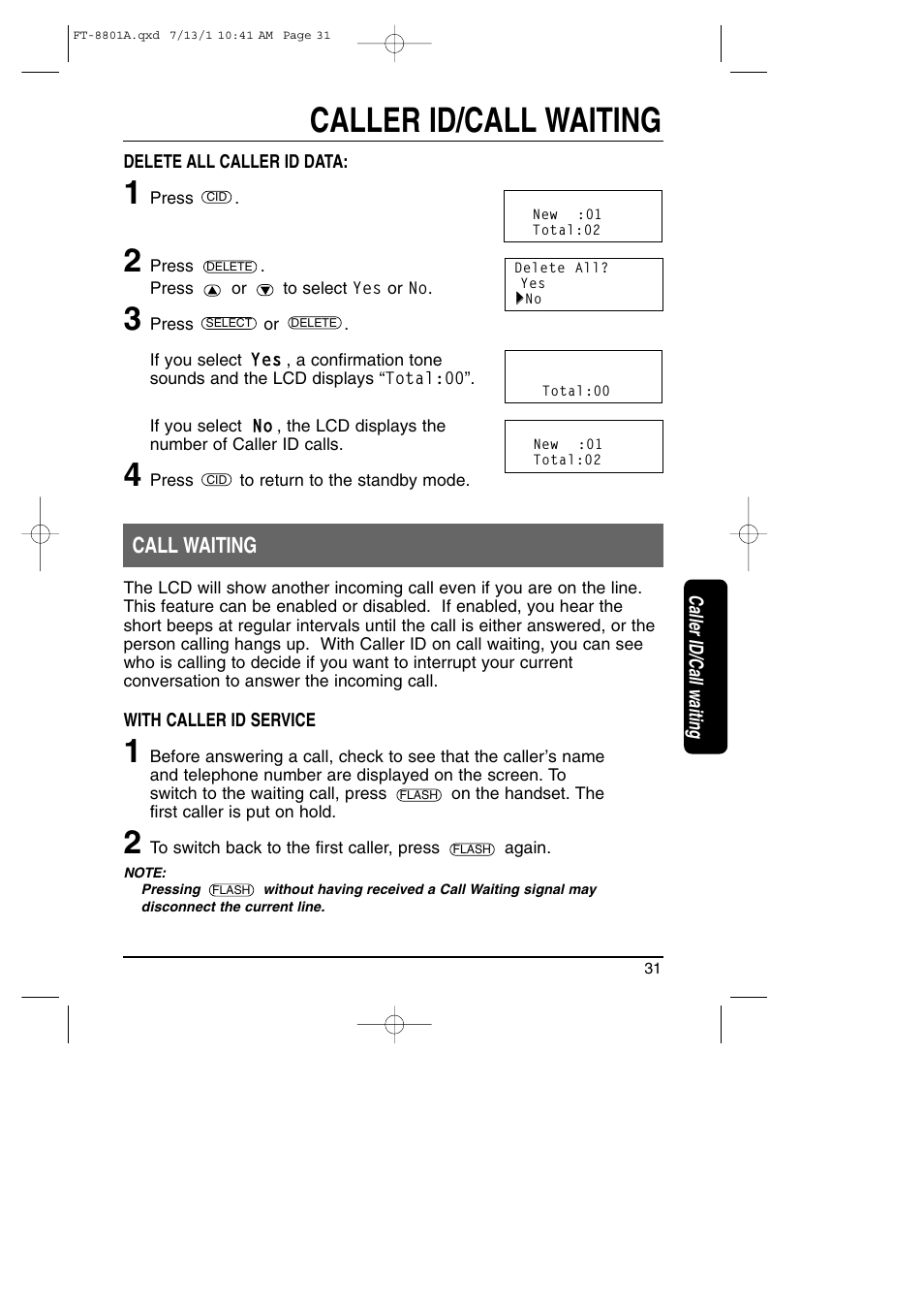 Call waiting, Caller id/call waiting | Toshiba FT-8801A User Manual | Page 31 / 37