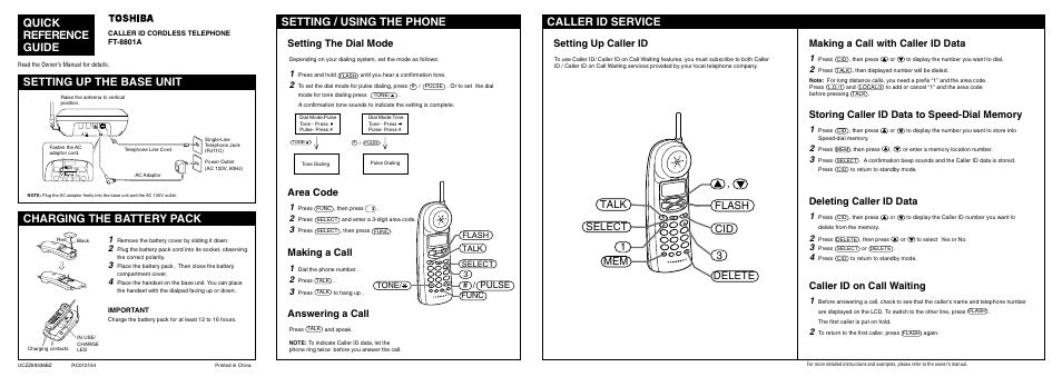 Quick reference guide, Setting up the base unit charging the battery pack, Setting / using the phone | Caller id service, Cid 3 1 select delete flash talk mem, Pulse, 3select func flash talk tone | Toshiba FT-8801A User Manual | Page 36 / 37