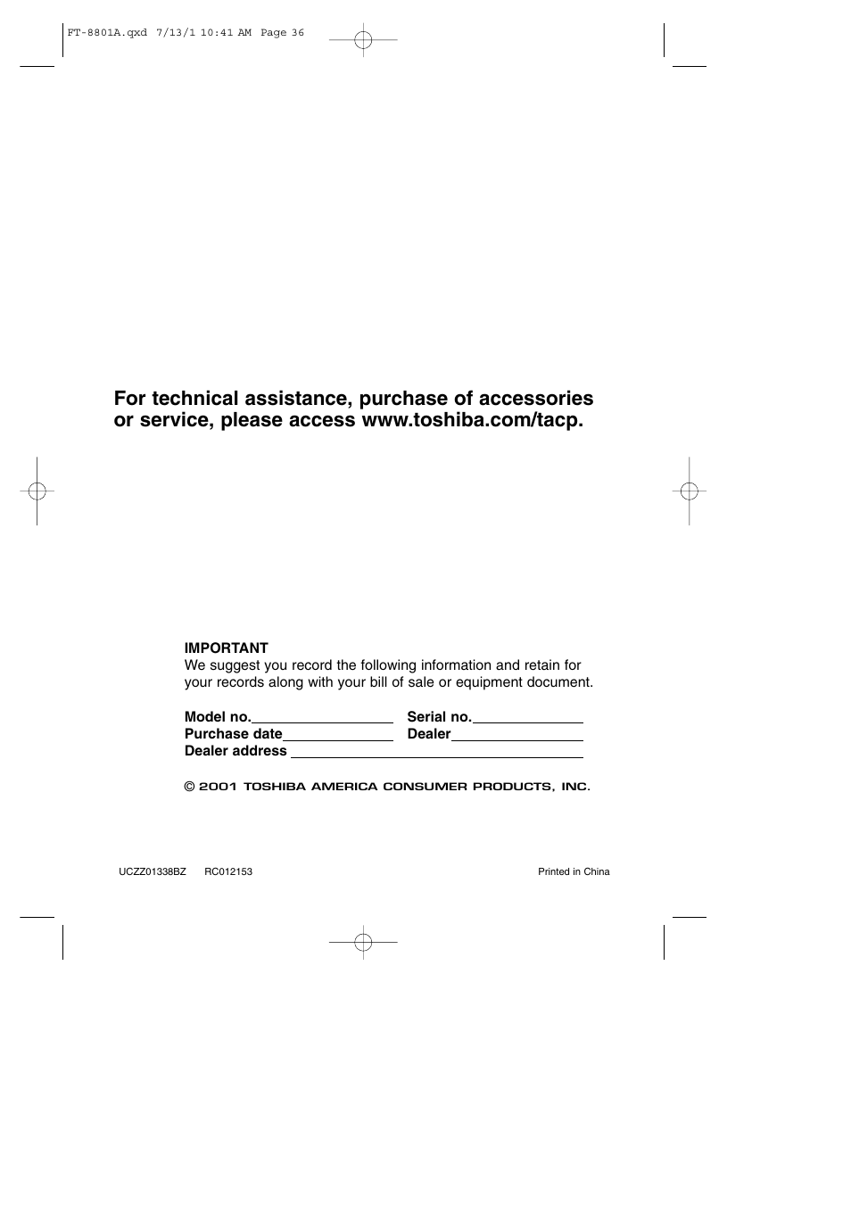Backcover | Toshiba FT-8801A User Manual | Page 37 / 37