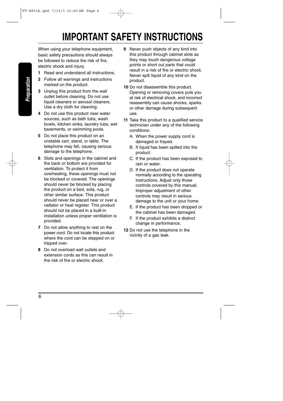 Safety instructions, Important safety instructions, Preparation | Toshiba FT-8801A User Manual | Page 6 / 37
