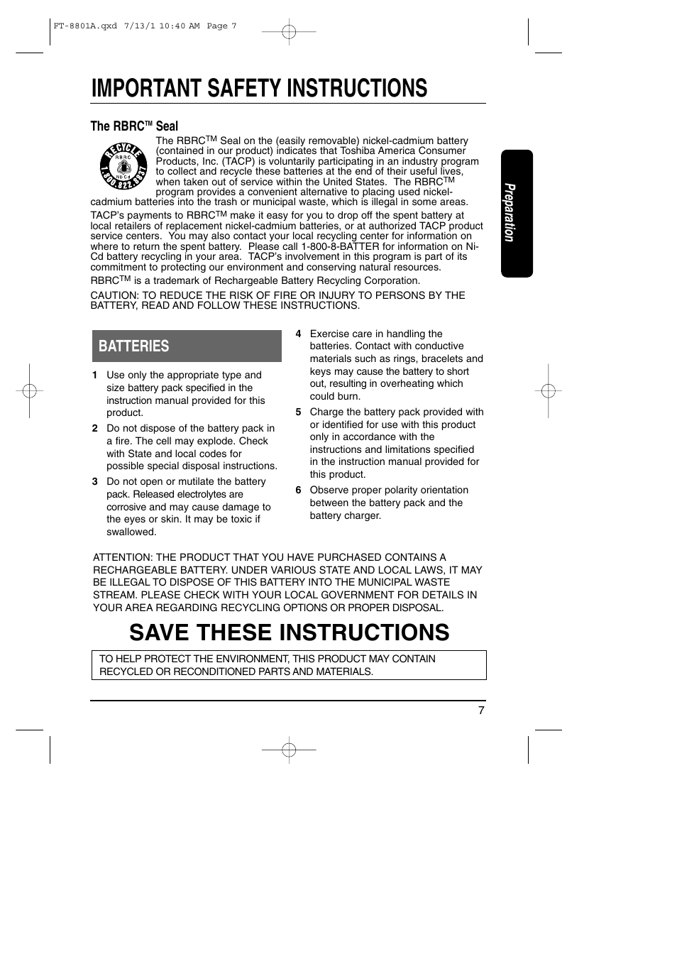 Important safety instructions, Save these instructions, Batteries | Preparation, The rbrc, Seal | Toshiba FT-8801A User Manual | Page 7 / 37