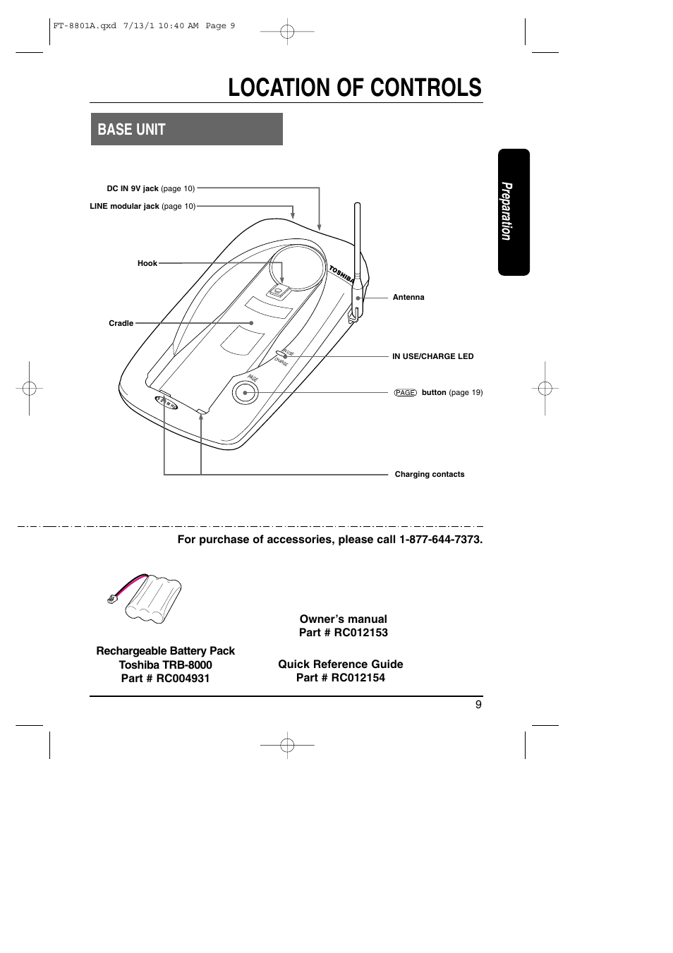 Location of controls, Base unit, Preparation | Toshiba FT-8801A User Manual | Page 9 / 37