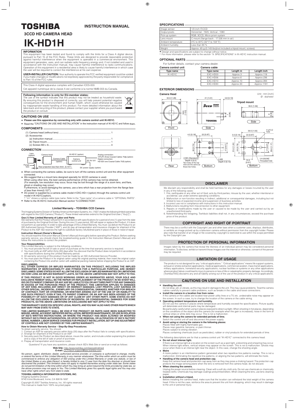 Toshiba IK-HD1H User Manual | 1 page