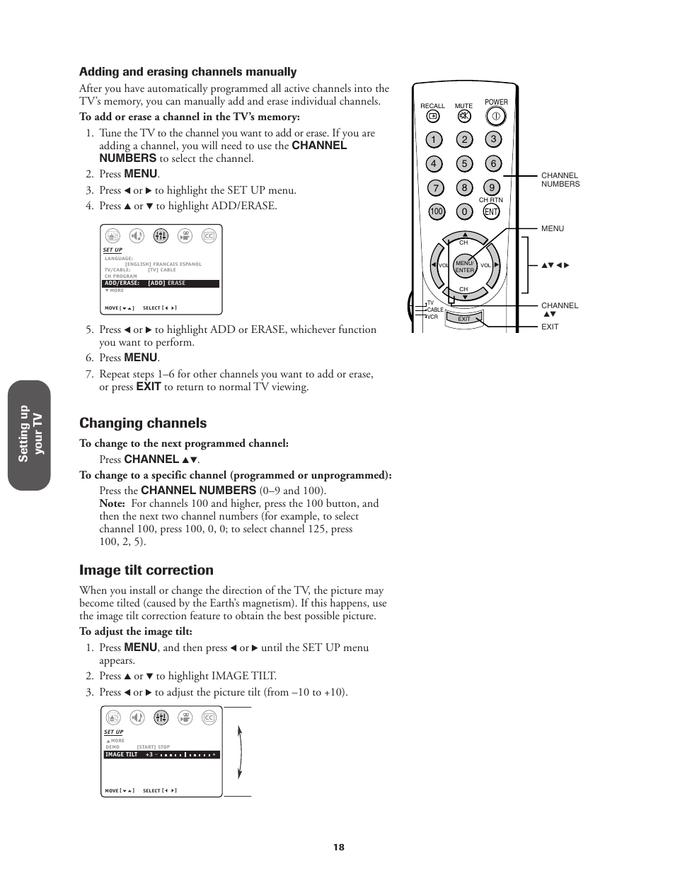 Changing channels, Image tilt correction, Press | Until the set up menu appears. 2. press | Toshiba 27AF42 User Manual | Page 18 / 39