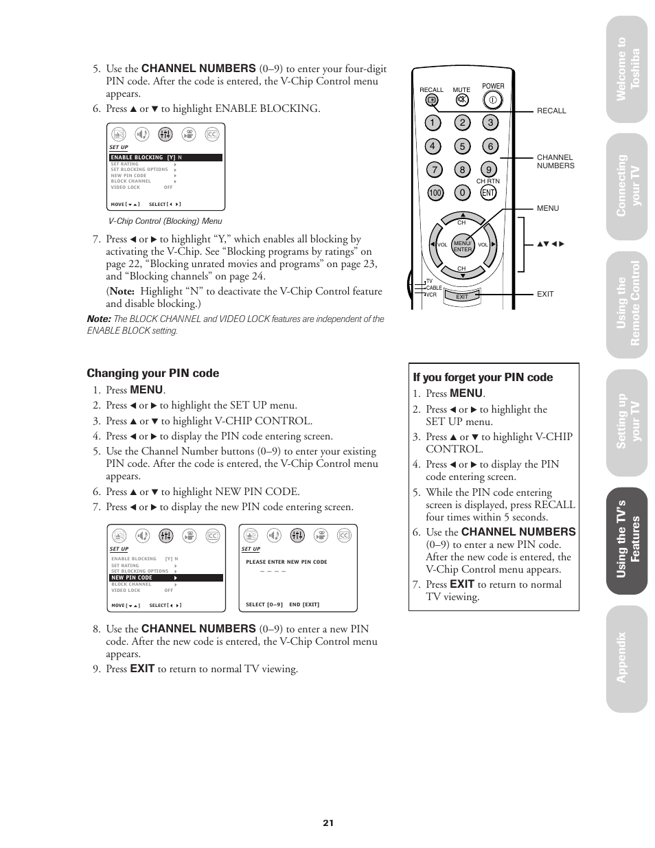 Changing your pin code | Toshiba 27AF42 User Manual | Page 21 / 39