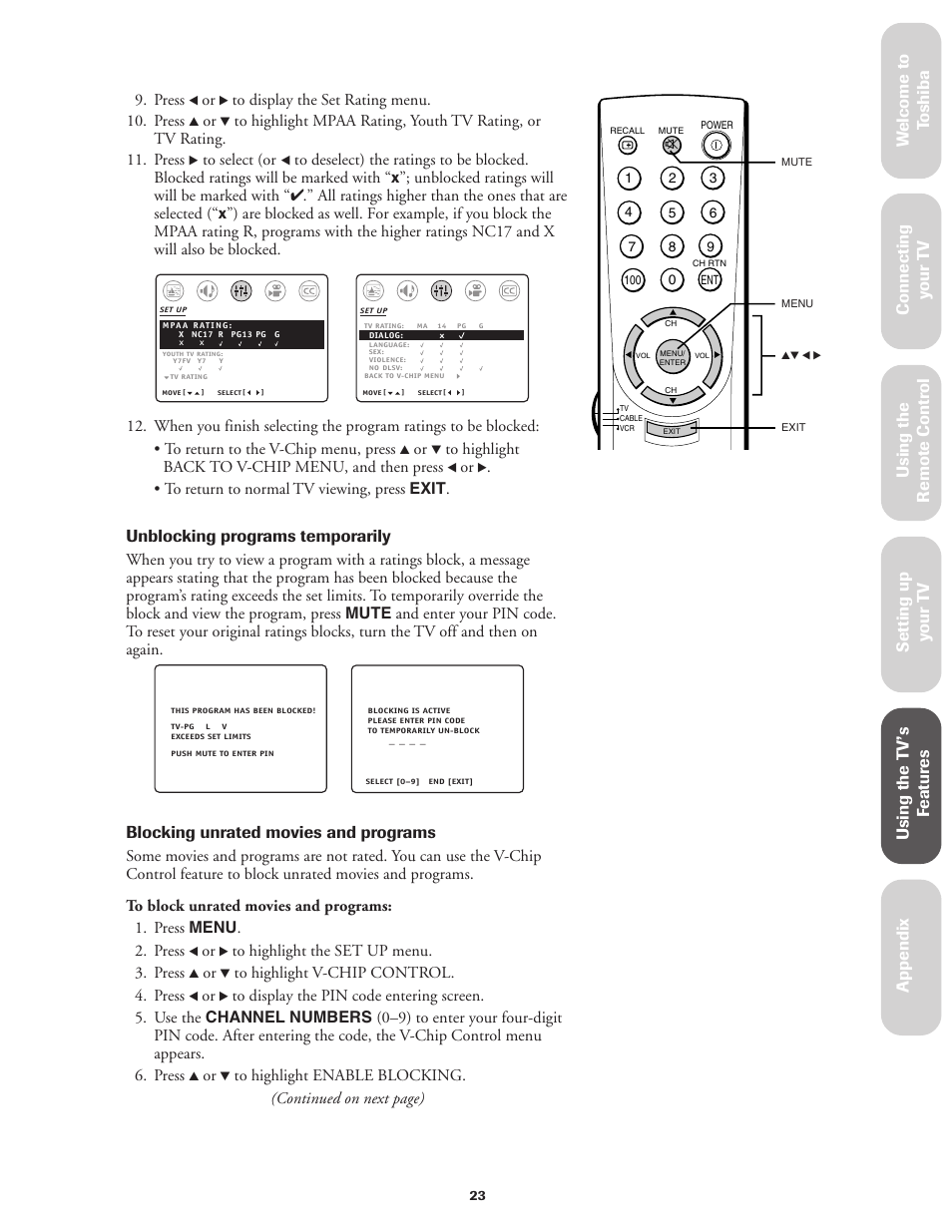 Unblocking programs temporarily, Blocking unrated movies and programs, Press | Toshiba 27AF42 User Manual | Page 23 / 39