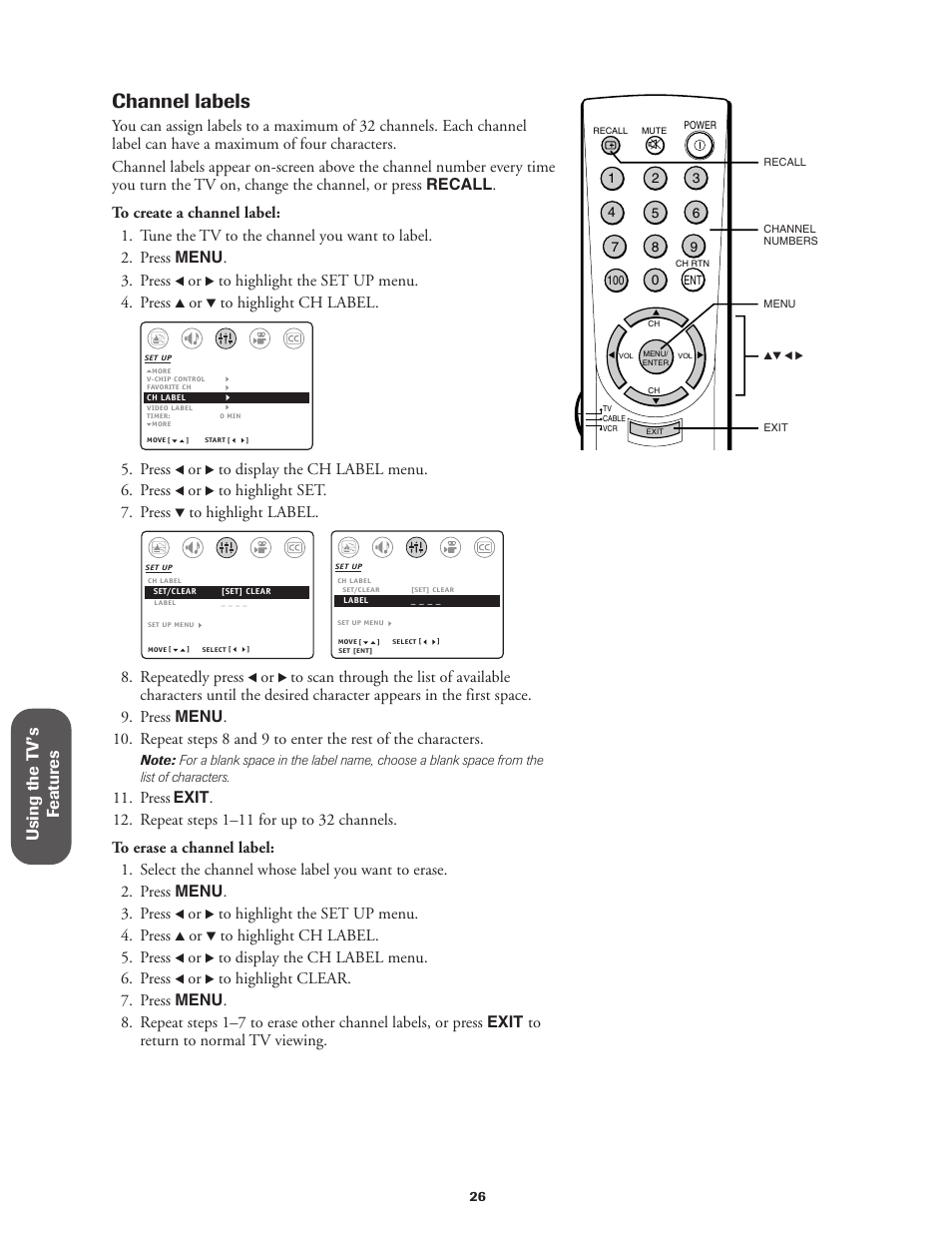 Channel labels, Using the t v’s f eatur es, Press | Repeatedly press | Toshiba 27AF42 User Manual | Page 26 / 39