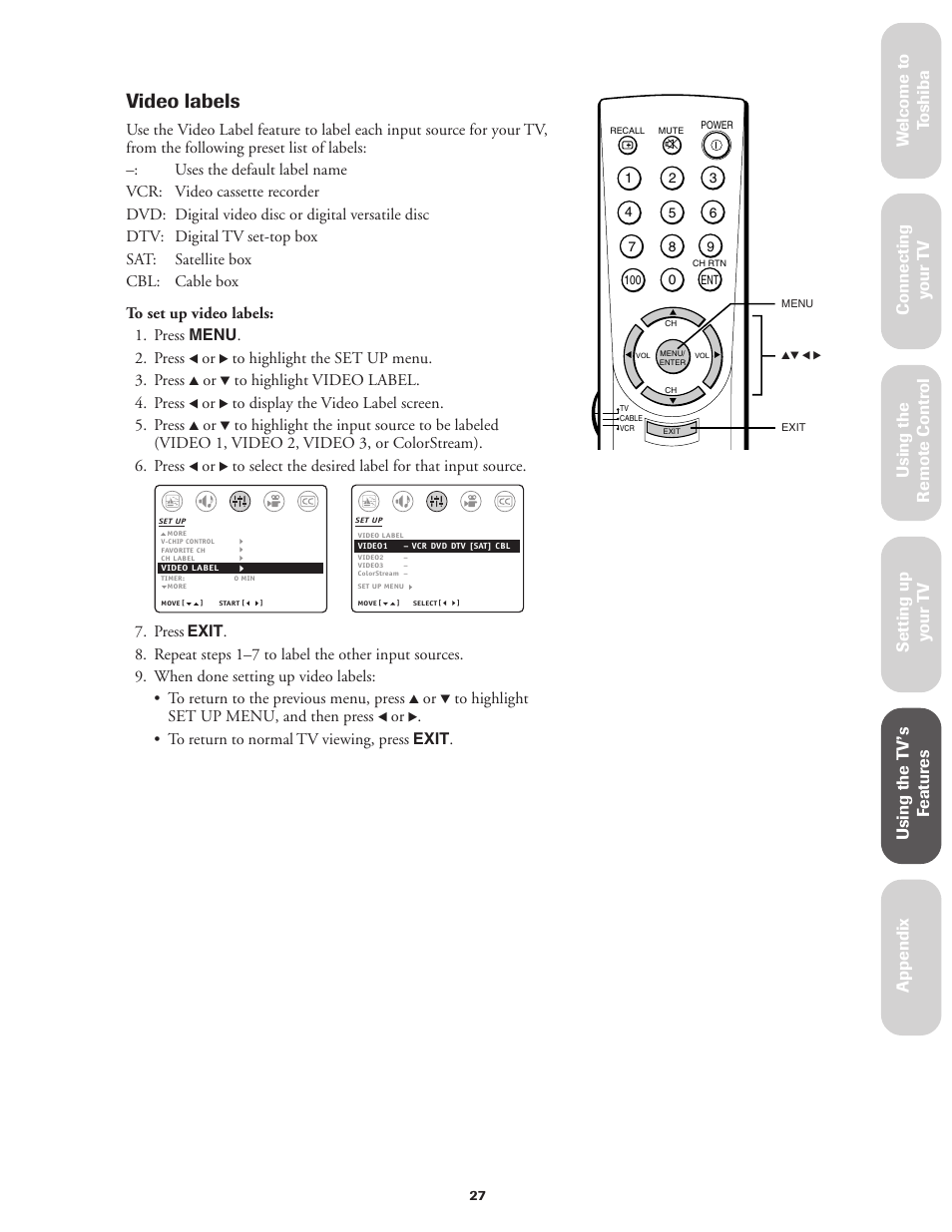 Video labels | Toshiba 27AF42 User Manual | Page 27 / 39