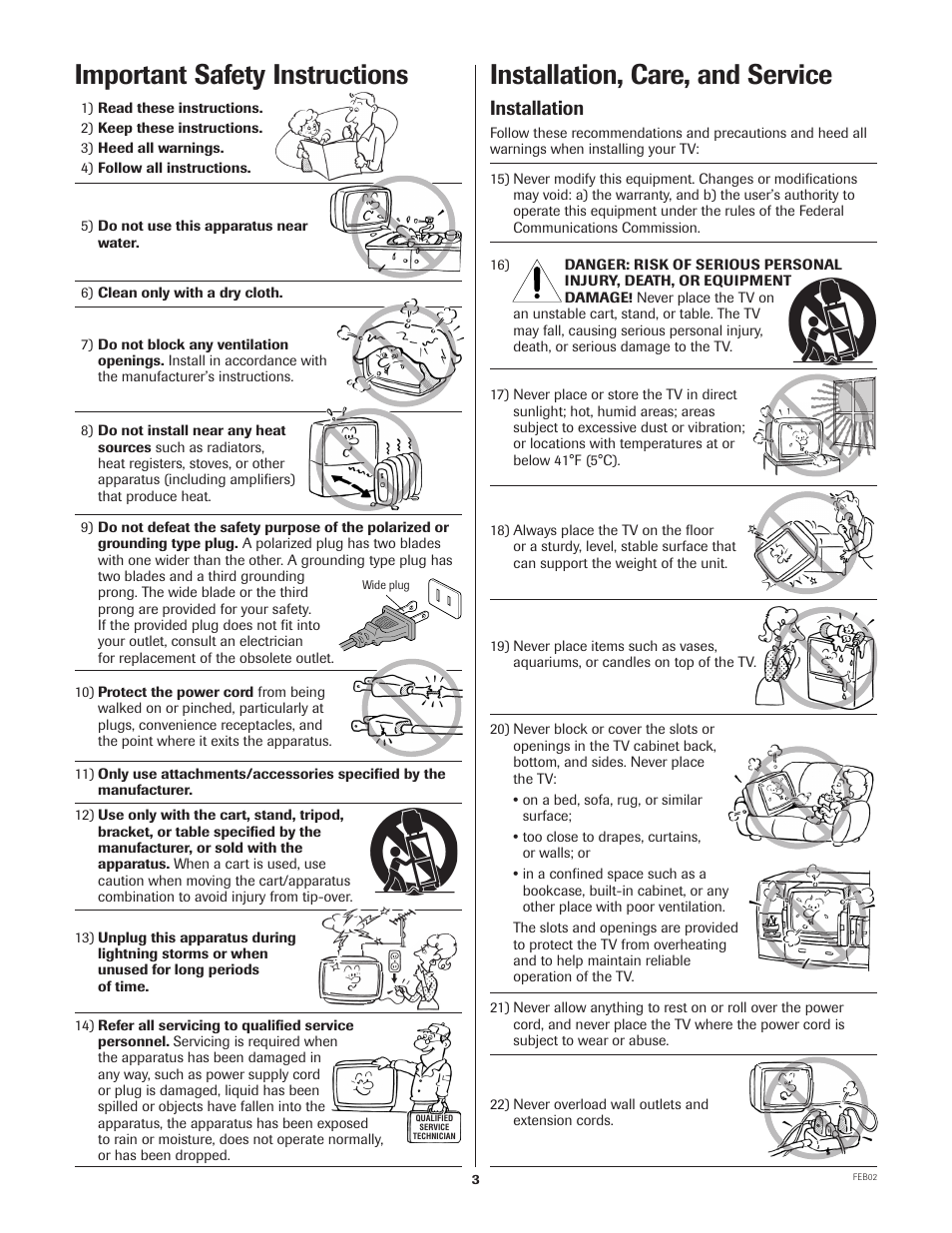 Installation, care, and service, Important safety instructions, Installation | Toshiba 27AF42 User Manual | Page 3 / 39