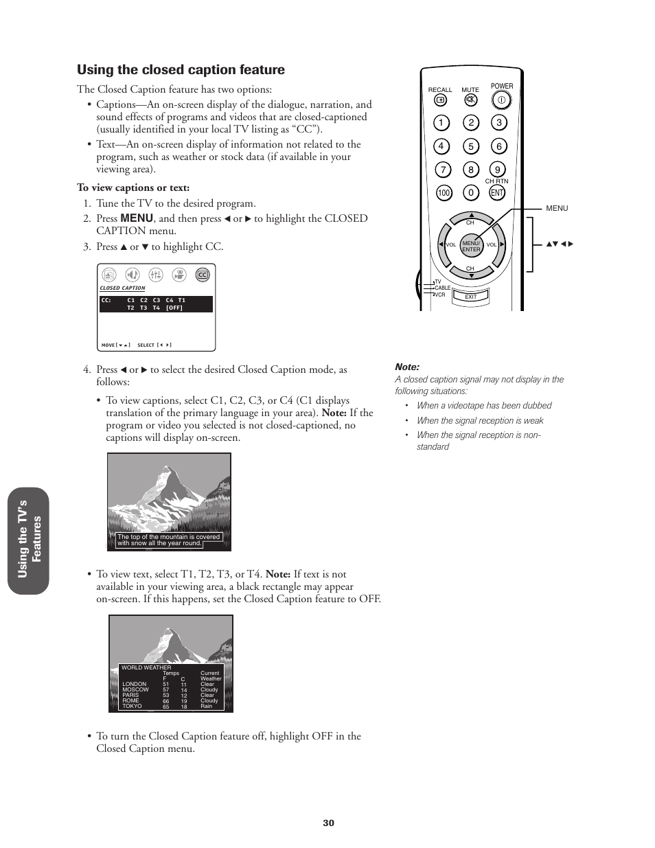 Using closed caption, Using the closed caption feature, Using the t v’s f eatur es | Press | Toshiba 27AF42 User Manual | Page 30 / 39