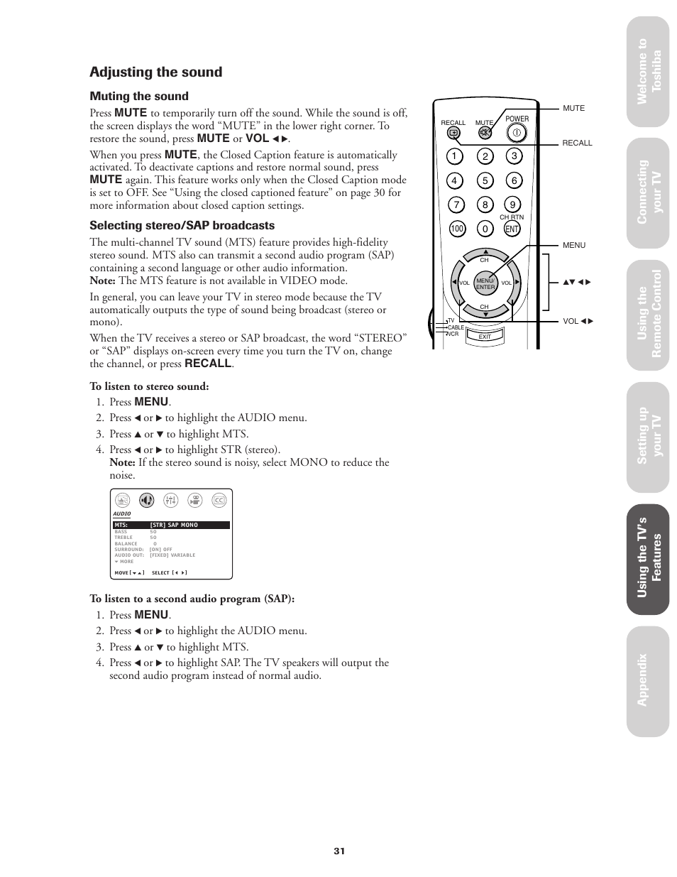 Adjusting the sound, Muting the sound, Selecting stereo/sap broadcasts | Toshiba 27AF42 User Manual | Page 31 / 39