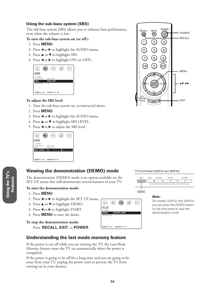 Viewing the demonstration mode, Viewing the demonstration (demo) mode, Using the t v’s f eatur es | Using the sub-bass system (sbs) | Toshiba 27AF42 User Manual | Page 34 / 39