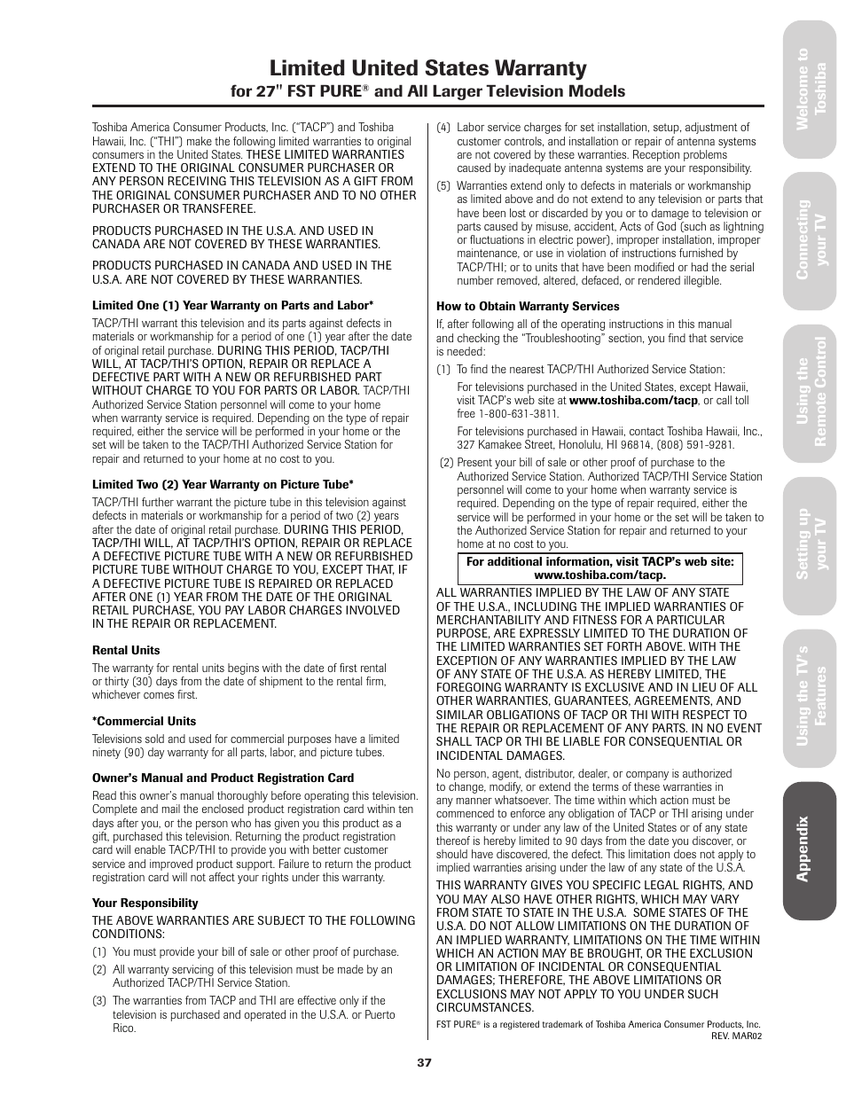 Warranty, Limited united states warranty | Toshiba 27AF42 User Manual | Page 37 / 39