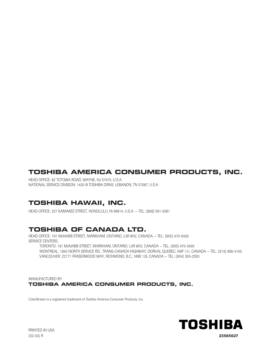 Back cover, Toshiba of canada ltd, Toshiba hawaii, inc | Toshiba america consumer products, inc | Toshiba 27AF42 User Manual | Page 39 / 39