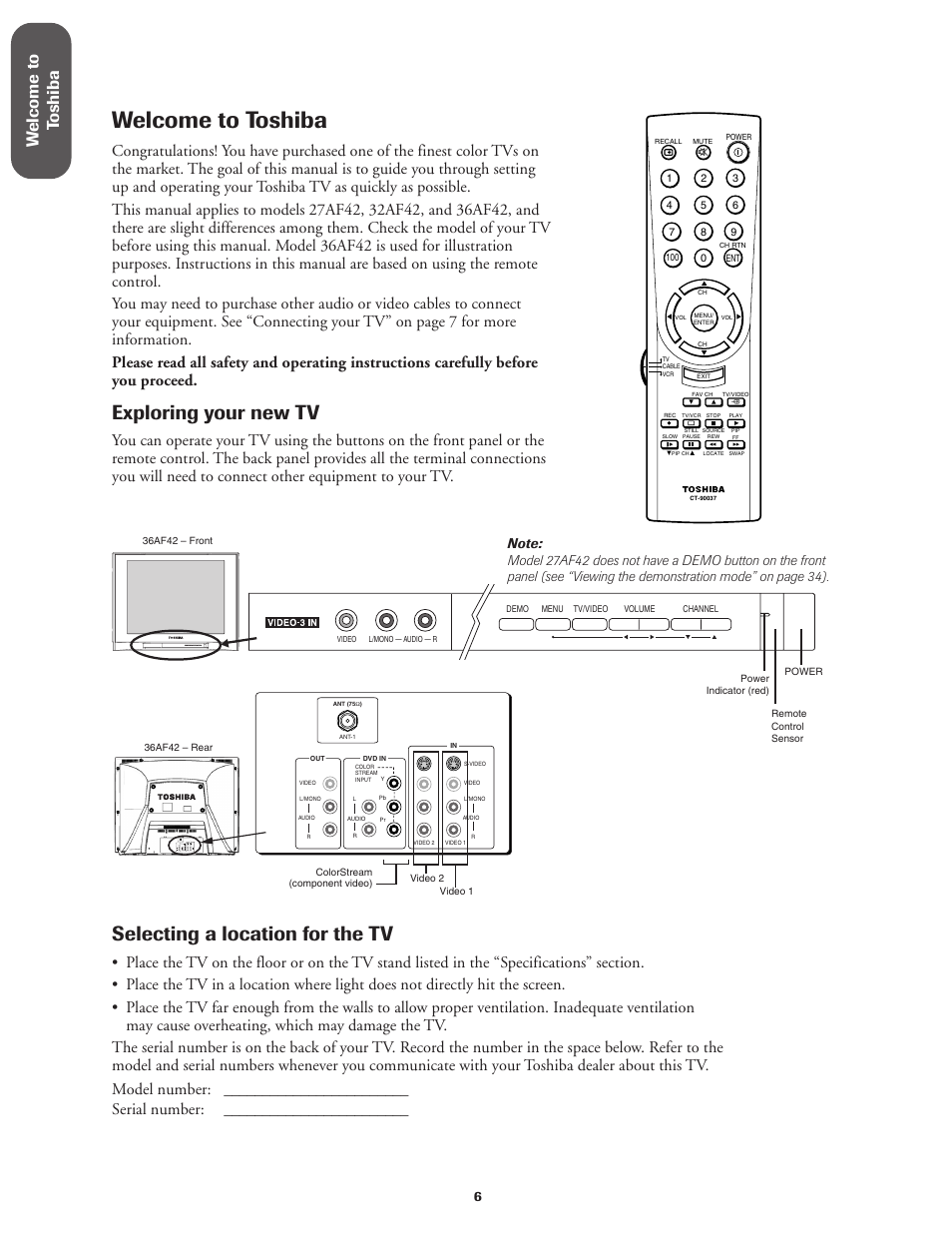 Welcome to toshiba, Selecting a location for the tv, Exploring your new tv | Toshiba 27AF42 User Manual | Page 6 / 39