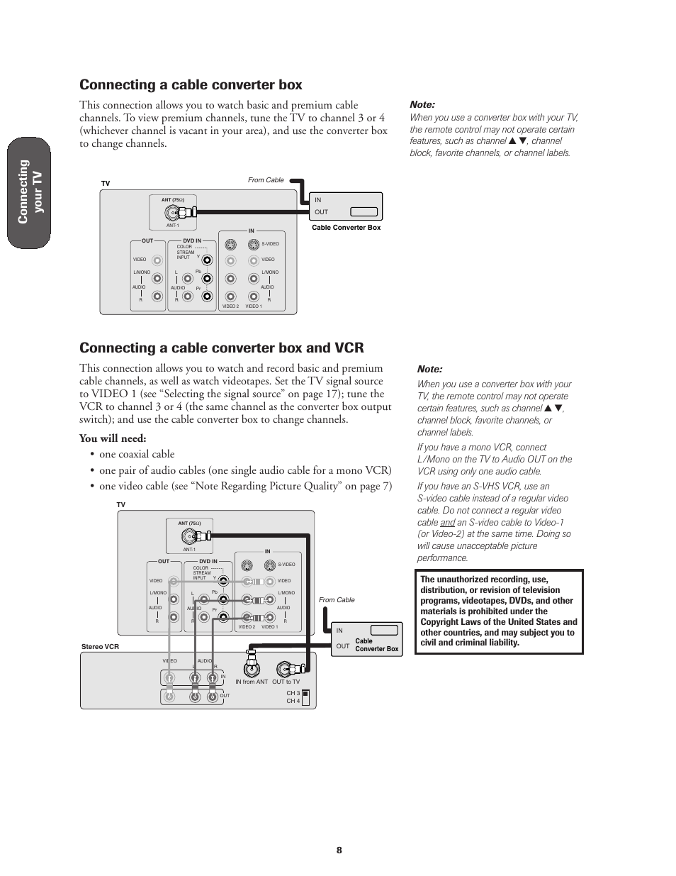 Cable converter box / and a vcr, Connecting a cable converter box, Connecting a cable converter box and vcr | Connecting y our t v | Toshiba 27AF42 User Manual | Page 8 / 39