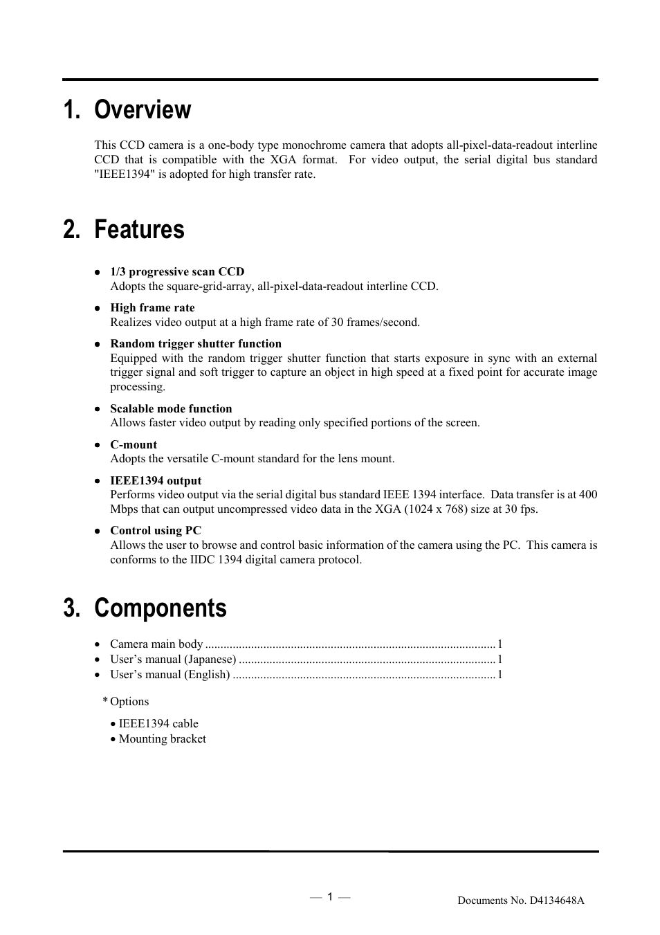 Overview, Features, Components | Toshiba TELI CS3950DIF User Manual | Page 10 / 24