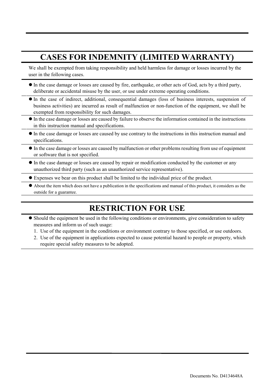 Cases for indemnity (limited warranty), Restriction for use | Toshiba TELI CS3950DIF User Manual | Page 6 / 24