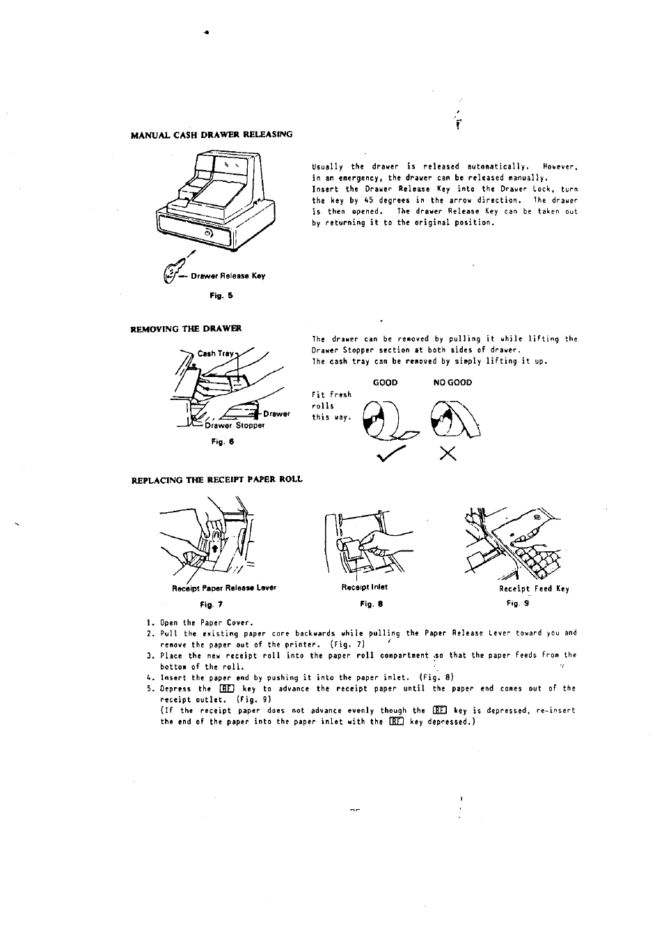 Manual cash drawer releasing, Removing the drawer, Replacing the receipt paper roll | Fig. e | Toshiba MA-136-100 SERIES User Manual | Page 39 / 76