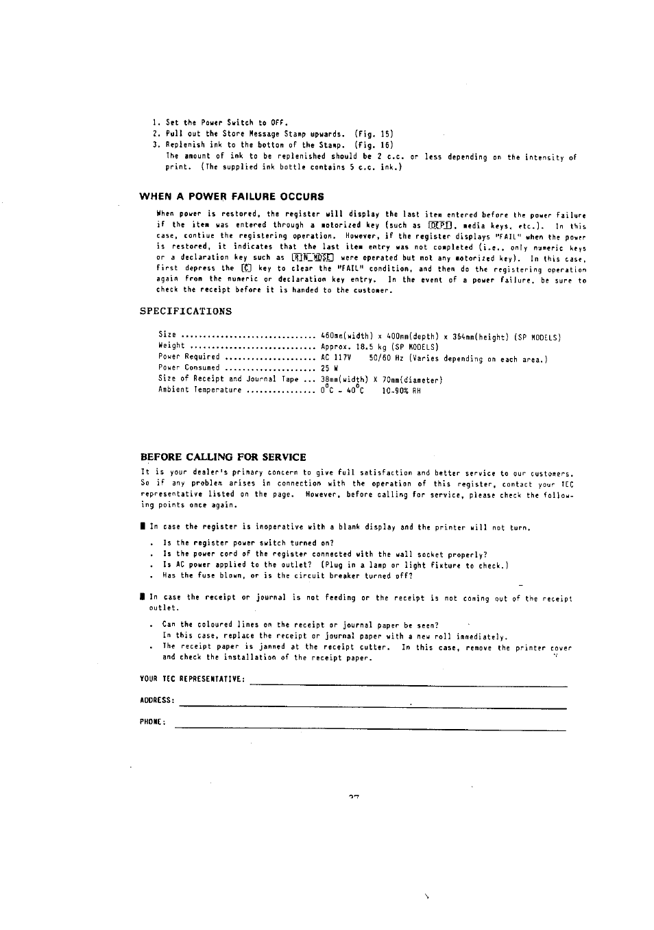 Before calling for service, Specifications | Toshiba MA-136-100 SERIES User Manual | Page 41 / 76