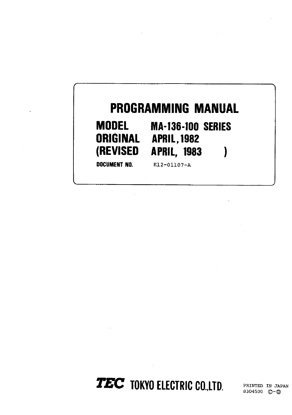 Programming manual, Tokyo electric co.,ltd | Toshiba MA-136-100 SERIES User Manual | Page 43 / 76