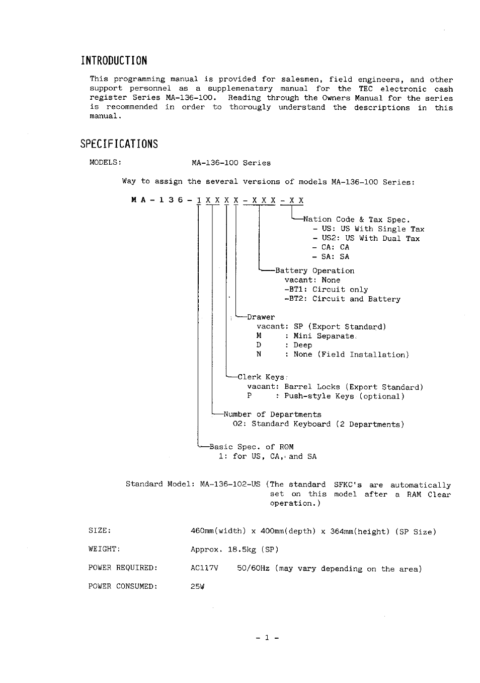 Introduction, Specifications | Toshiba MA-136-100 SERIES User Manual | Page 45 / 76