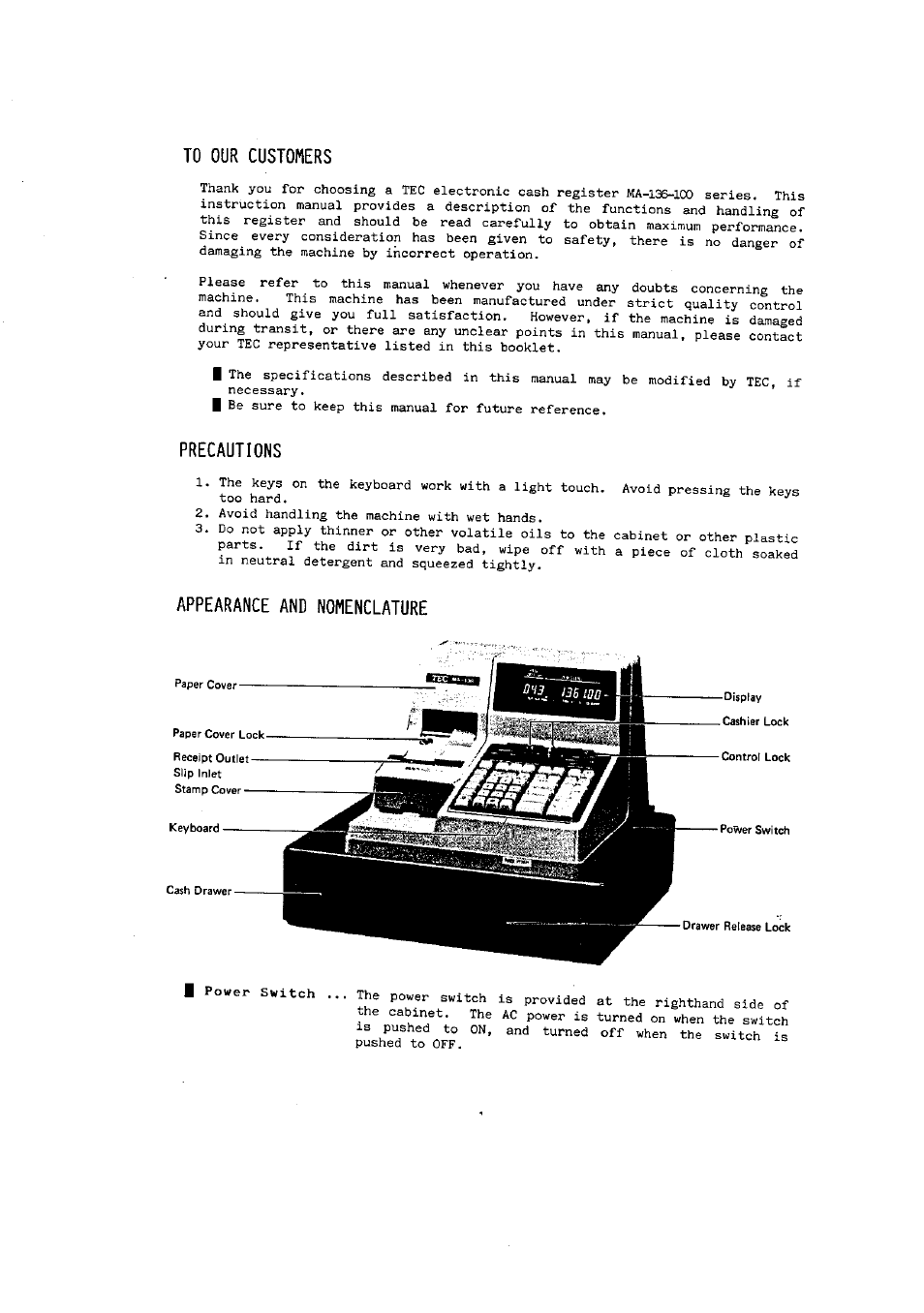 Precautions, Appearance and nomenclature | Toshiba MA-136-100 SERIES User Manual | Page 5 / 76