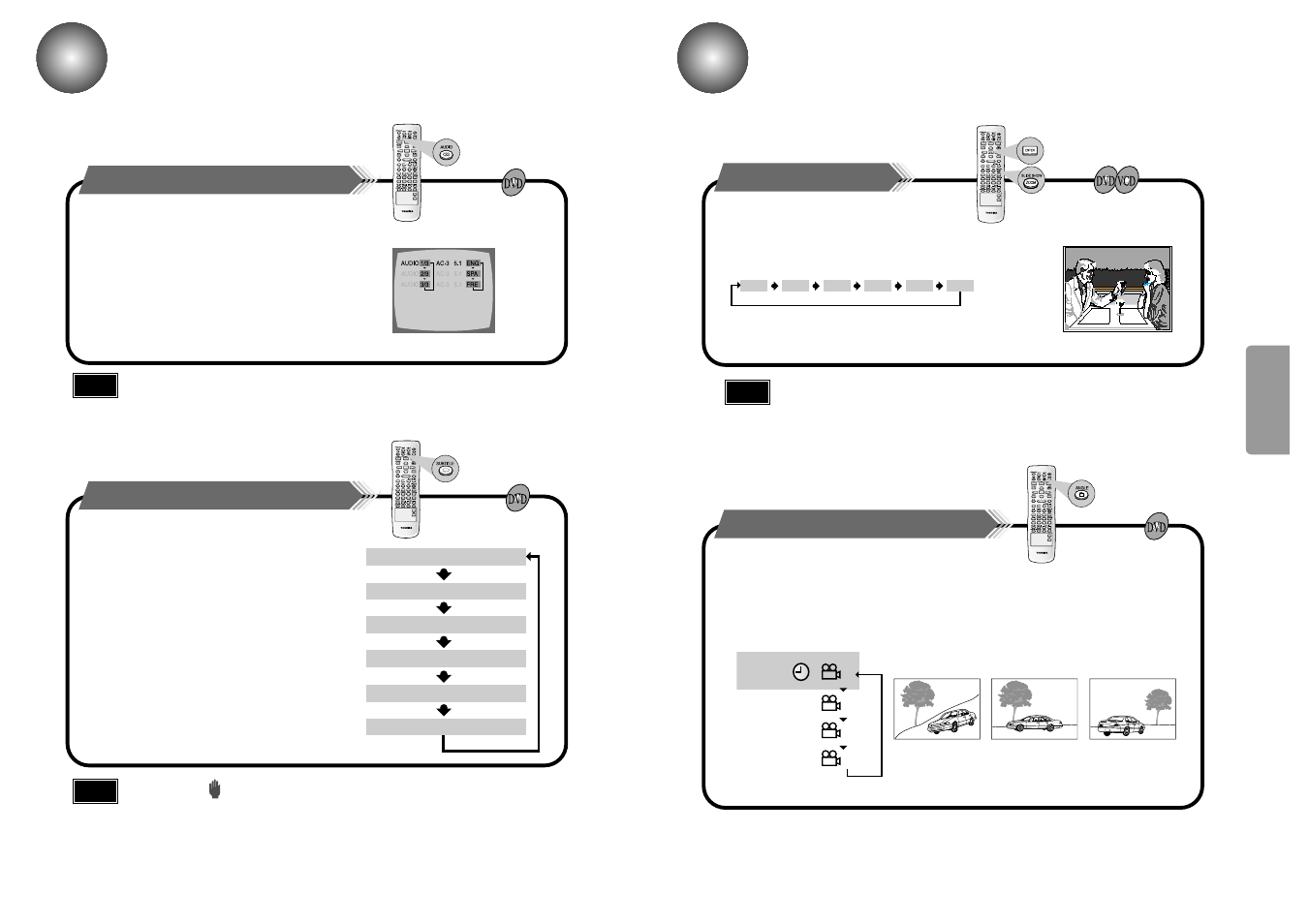 Selecting the audio language/subtitle language, Zoom/angle functions, Selecting the audio language | Selecting the desired screen angle, Selecting the subtitle language | Toshiba SD-43HK User Manual | Page 13 / 25