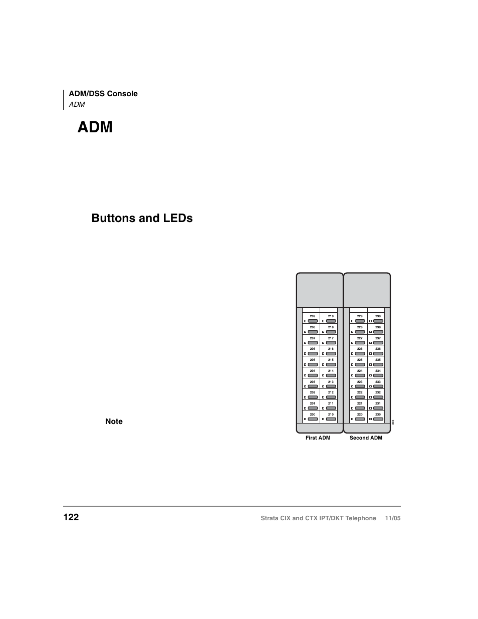 Buttons and leds, Adm/dss console, Line | Toshiba Strata DKT User Manual | Page 136 / 153