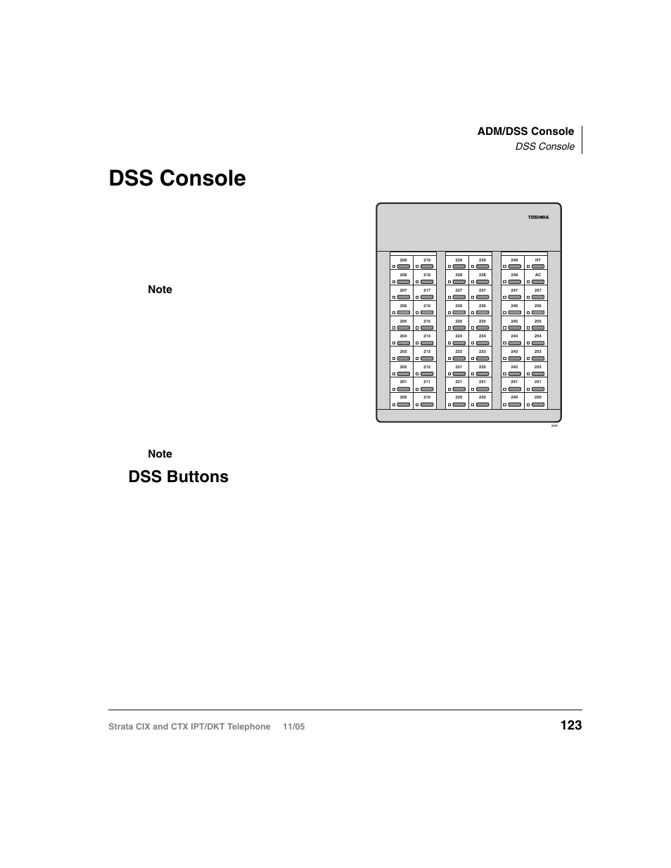 Dss console, Dss buttons, Adm/dss console | Strata cix and ctx ipt/dkt telephone 11/05 | Toshiba Strata DKT User Manual | Page 137 / 153