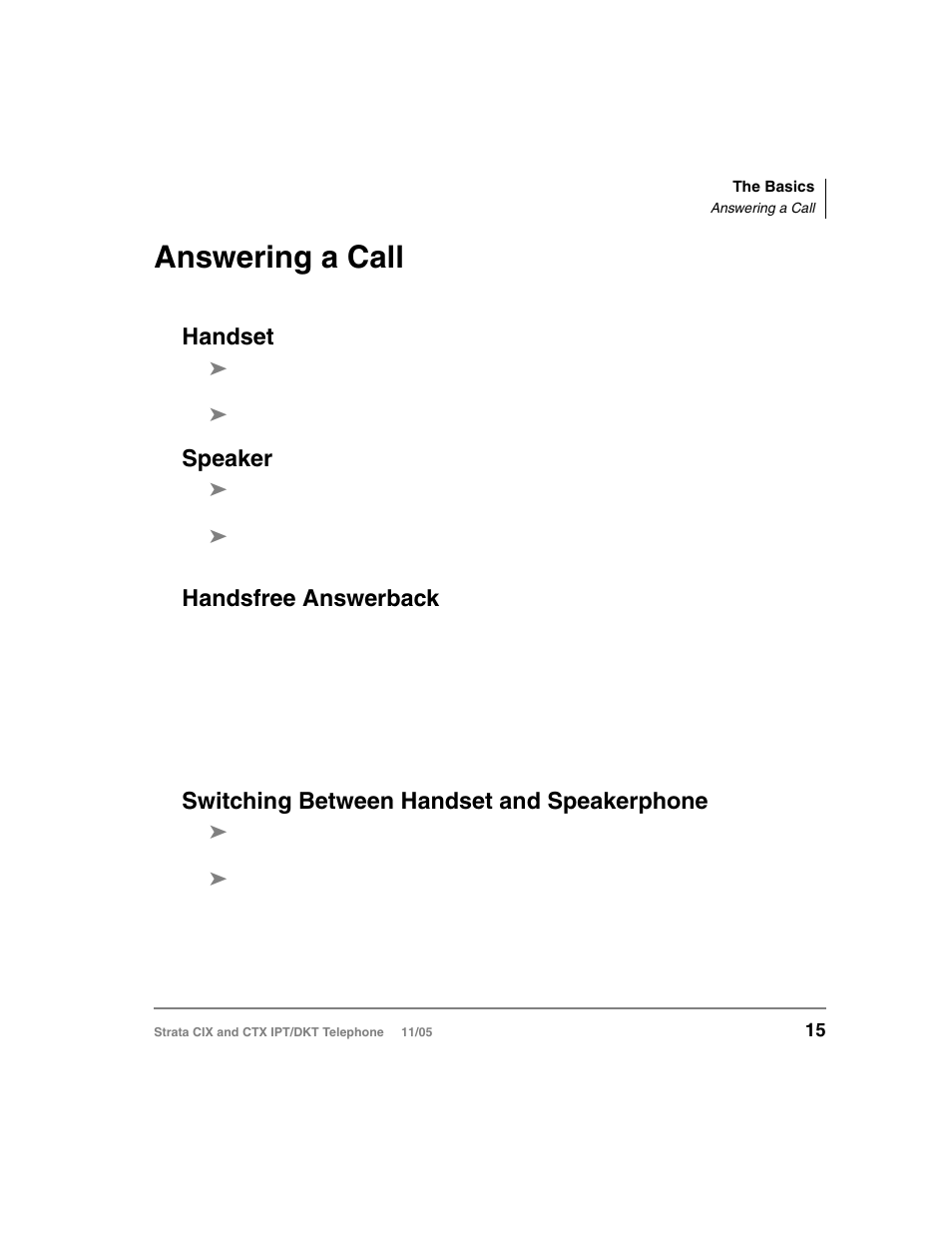Answering a call, Handset, Speaker | Handsfree answerback, Switching between handset and speakerphone | Toshiba Strata DKT User Manual | Page 29 / 153