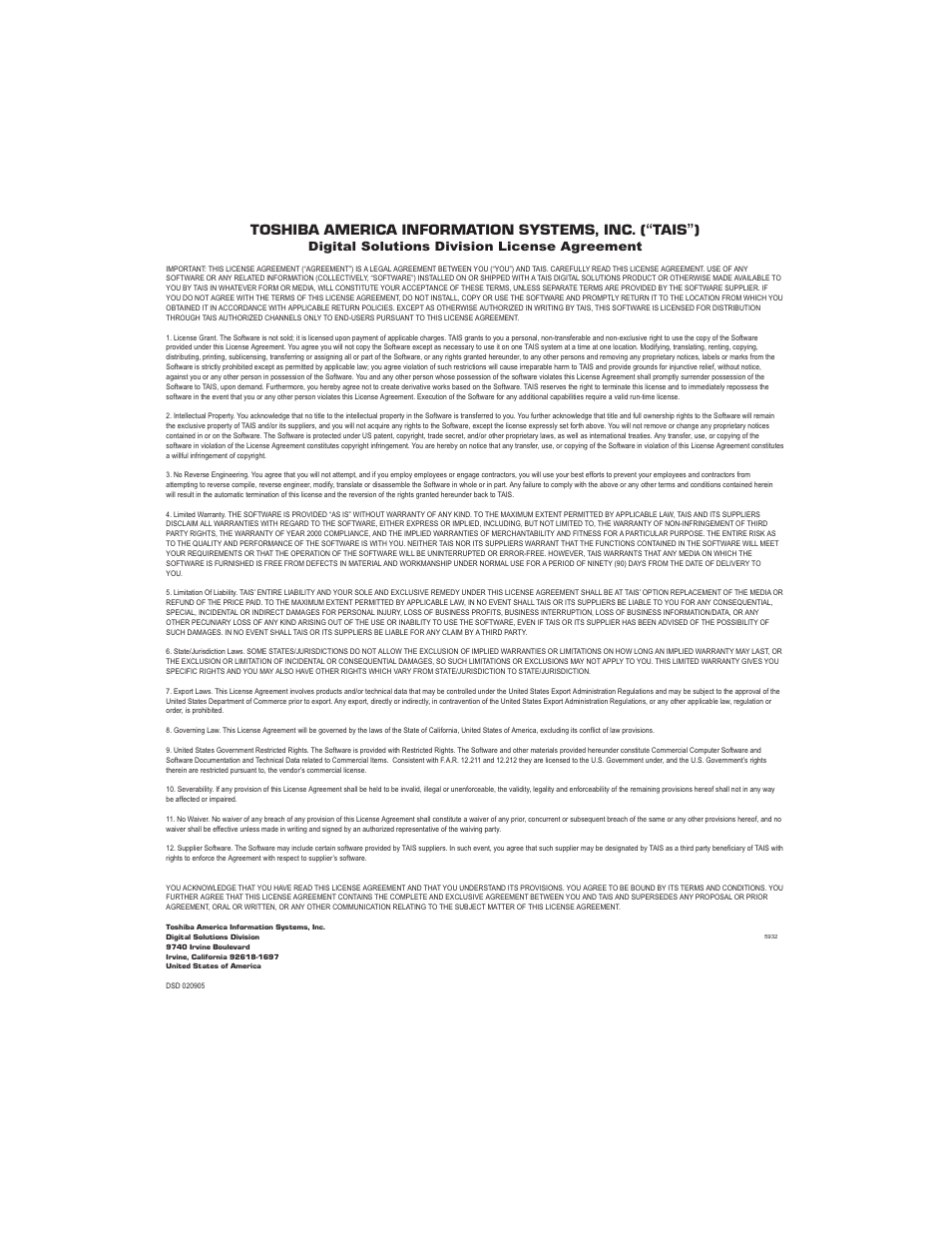 Toshiba dsd license agreement, Digital solutions division license agreement | Toshiba Strata DKT User Manual | Page 3 / 153