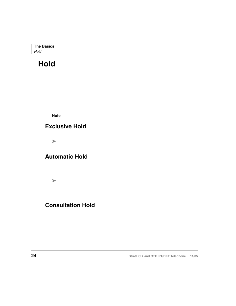 Hold, Exclusive hold, Automatic hold | Consultation hold, Exclusive hold automatic hold consultation hold | Toshiba Strata DKT User Manual | Page 38 / 153
